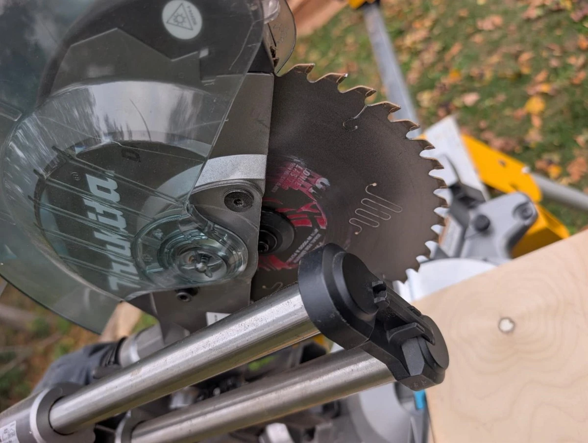 Nakamura 50-tooth saw blade on a sliding miter saw cutting boards on a Canadian construction site Nakamura 50-tooth saw blade on a sliding miter saw cutting boards on a Canadian construction site