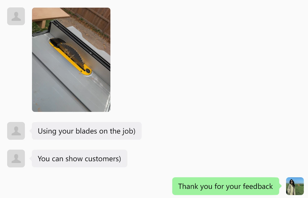 Chat message from a Canadian saw blade distributor sharing customer job-site photos of Nakamura blades Chat message from a Canadian saw blade distributor sharing customer job-site photos of Nakamura blades