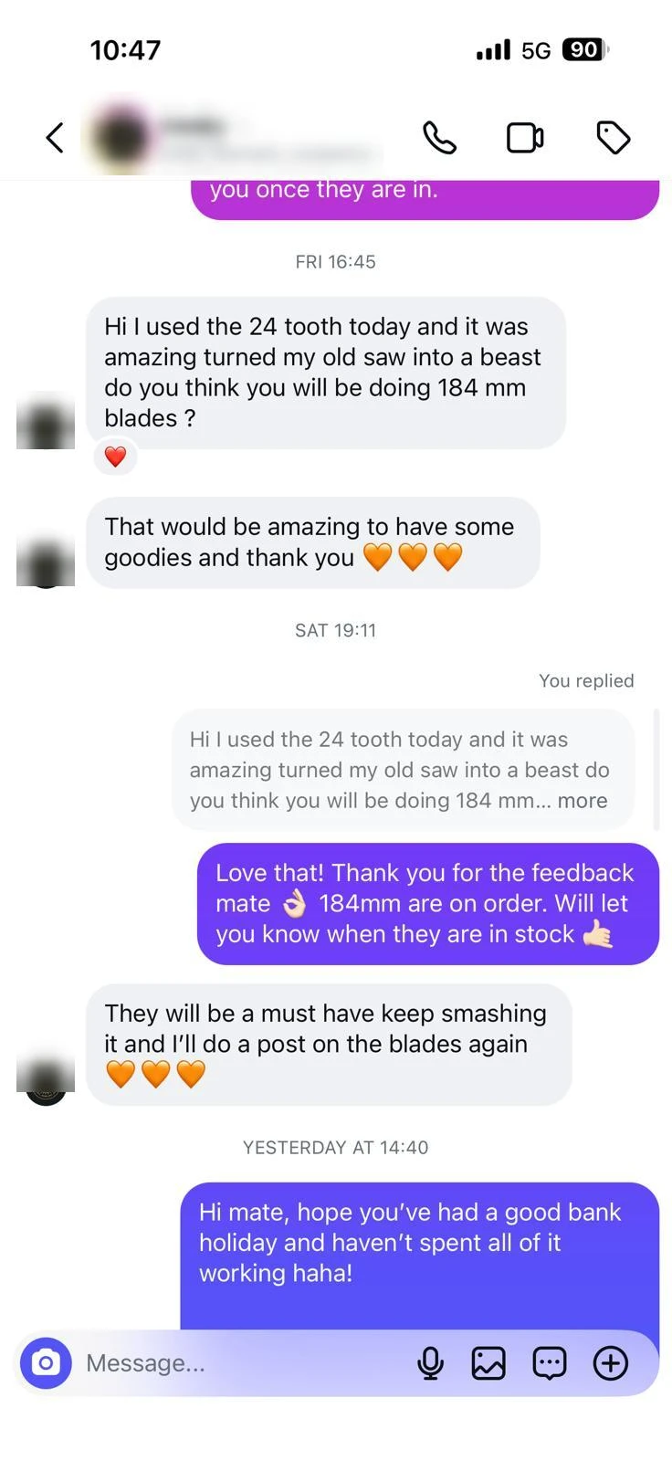 Instagram message from a UK carpenter saying the 24 tooth blade turned his old saw into a beast Instagram message from a UK carpenter saying the 24 tooth blade turned his old saw into a beast